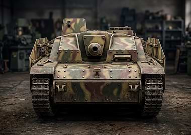 Camouflaged Tank in Workshop