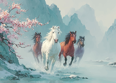 Horses Running Through Water with Cherry Blossoms