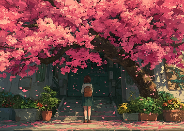 Girl under cherry blossoms