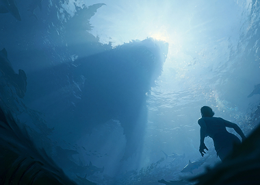 Man faces giant shark underwater