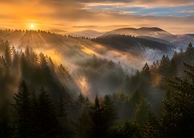 Misty Mountain Sunrise with Sunbeams