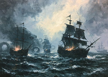 Kraken Attacks Pirate Ships in Stormy Seas