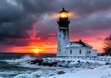 Lighthouse at Sunset in Winter