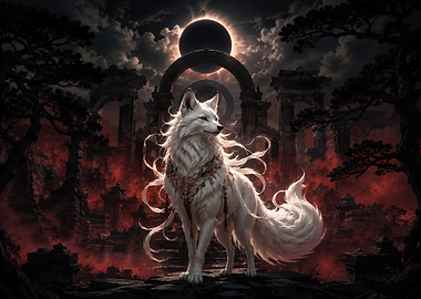 Mythical White Fox Under Eclipse