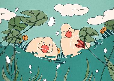 Cute Ducks in Water with Lily Pads