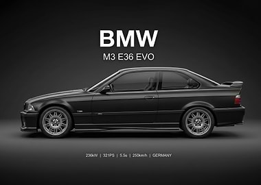 sleek black bmw m3 e36 EVO car poster