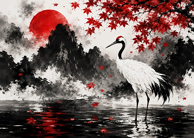 Red-crowned Crane and Japanese Maple