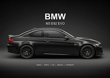 sleek Matte Black bmw m3 e92 EVO car poster