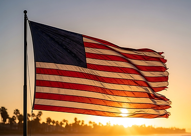 American Flag Waving at Sunset