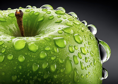 Green apple with water droplets