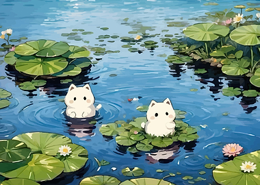Cute Cats in a Lily Pond