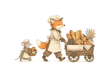 Fox and Mouse Bakers with Bread Cart