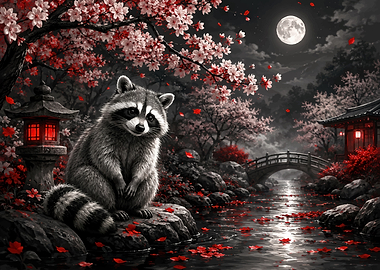 Raccoon in a Japanese Garden at Night