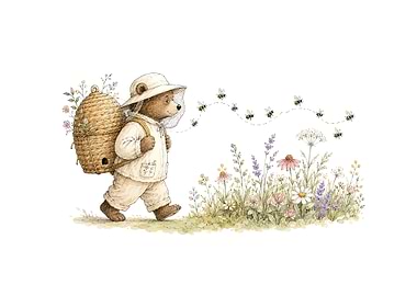Bear Beekeeper with Bees and Flowers