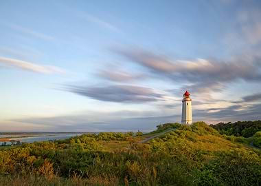 Dornbusch Lighthouse on Hiddensee at Sunset with Painterly Clouds from Long Exposure