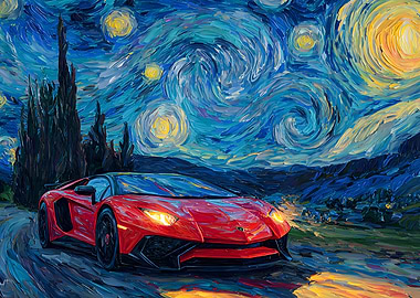 Red Lamborghini in Starry Night Style