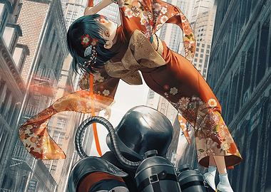 Anime Girl in Kimono and Sci-Fi Suit