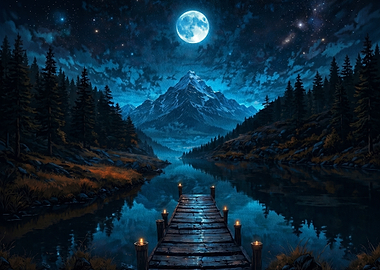 Moonlit Mountain Lake Dock