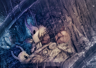Hollow Knight Characters in a Dimly Lit Room