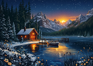 Cozy Cabin by a Lake at Sunset