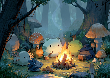Cute Creatures Around a Campfire