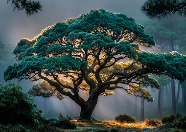 Majestic Ancient Tree in Misty Forest