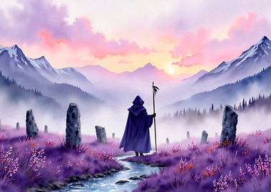 Mysterious figure in a purple cloak at sunrise