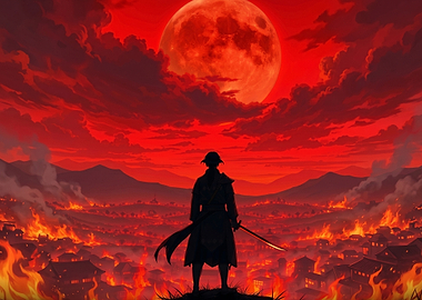 Samurai Overlooking Burning City Under Blood Moon