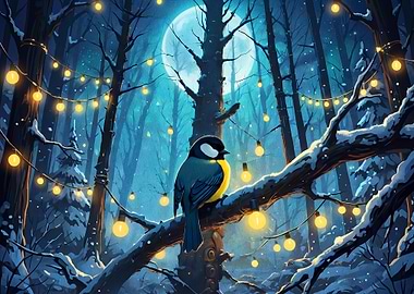 Bird in Snowy Forest with Lights