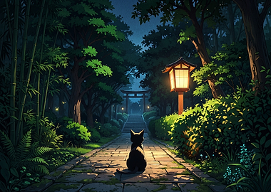 Black cat in a Japanese garden at night