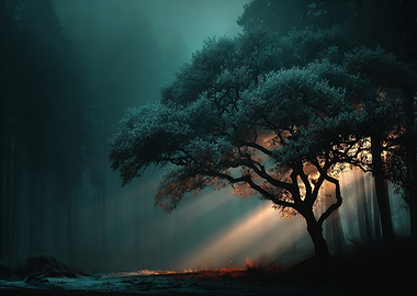 Misty Forest with Sunbeams