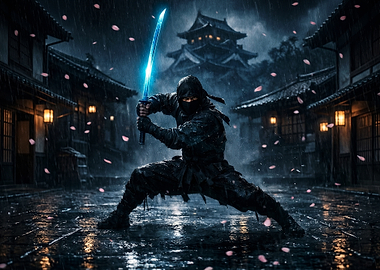 Ninja with glowing sword in rain