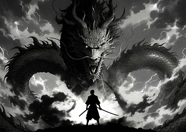 Samurai Confronts Giant Dragon in Storm