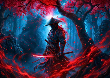 Samurai Warrior in Red Forest
