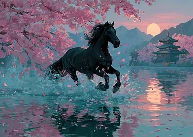 Black Horse Running Through Cherry Blossoms