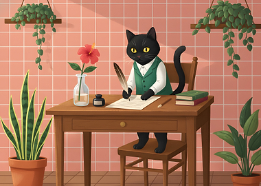 Black cat writing at a desk