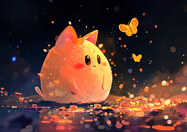 Cute Cat Character with Butterflies