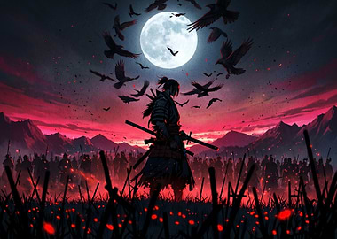 Samurai Warrior Under a Full Moon