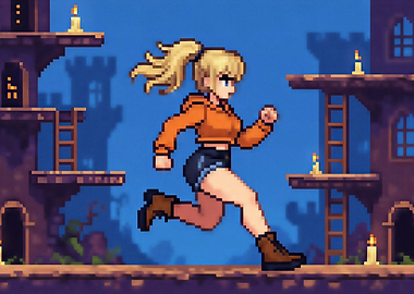 Pixel Art Girl Running in Castle