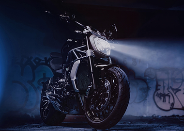 Black Motorcycle with Headlights On