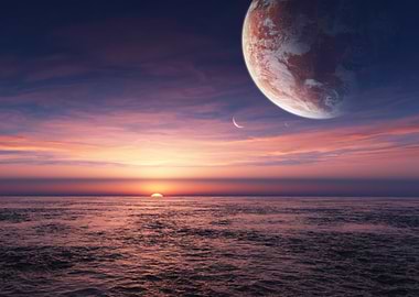 Alien Planet Sunset Over Ocean