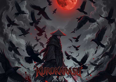 Samurai with Crows and Red Moon