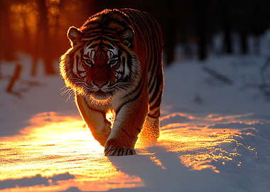 Tiger walking in snow at sunset