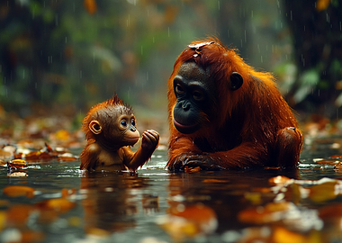 Orangutan Mother and Baby in Rain