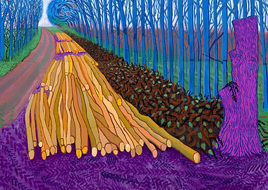 Forest scene with logs and purple tree by: David Hockney