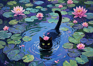 Black Cat in a Water Lily Pond