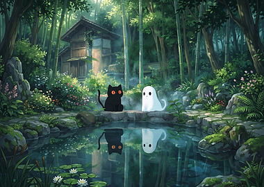 Black Cat and Ghost by Pond
