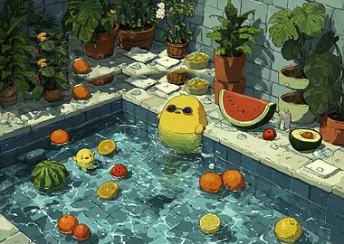Cute Chick in Pool with Fruit