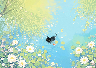 Black Cat in a Pond with Water Lilies