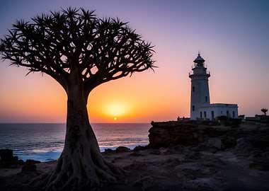Quiver Tree and Lighthouse at Sunset